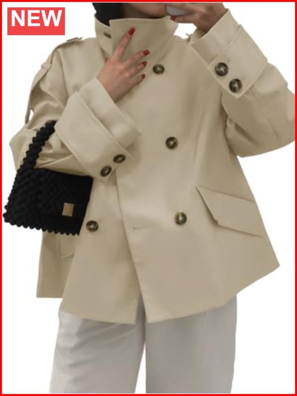 Women's Oversized Cropped Trench Coat Double Breasted Windproof Long Sleeve